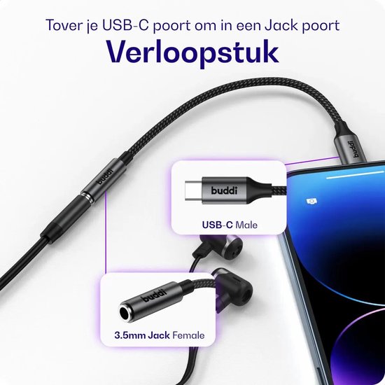 Buddi Ease | 3.5mm Headset Jack naar USB-C Adapter | USB - C naar Aux | Aux Audio Kabel | DAC Chip | Verloopstuk Koptelefoon en Oortjes | Koppelstuk | Tussenstuk | Converter | 16Bit/48kHz | Zwart