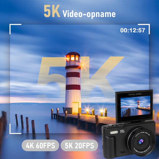 Senzo Digitale Camera 5K met WiFi - 75MP - 18 x Zoom - 60FPS - Fotocamera - Fototoestel - Compact Camera - Vlog Camera - Video Camera - Incl. 64GB
