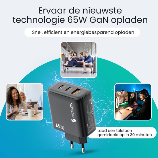 Siltcon® 3-in-1 Snellader USB C 65W - USB C Adapter - Oplader USB C - 2x USB-C PD 65W - 1x USB-A PD 22.5W - GaN - Universeel o.a. Telefoons, Laptops - 2 Meter 65W USB-C Snellaadkabel