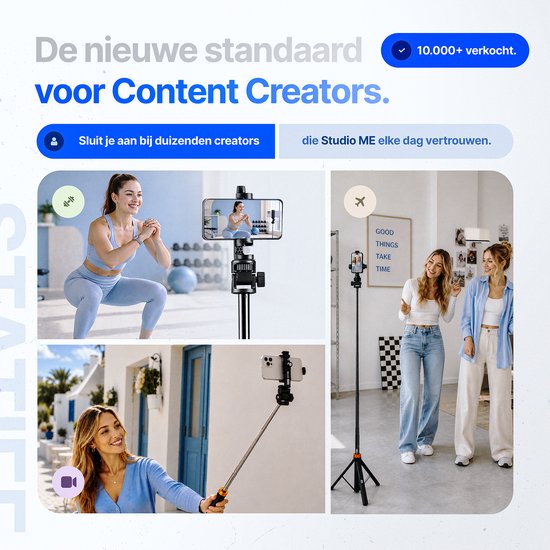 Studio ME Telefoon Statief - 180 cm - Selfiestick Tripod - Action Camera Statief - Incl. Bluetooth Afstandsbediening - Tripod Smartphone