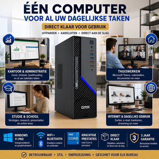 Office PC Intel Core i5 | 16GB RAM | 512GB SSD | Windows 11 Pro | WiFi & Bluetooth | Zakelijke Computer | Werkcomputer | Thuiswerk PC | Desktop Computer | Plug & Play | Klaar voor Gebruik | DVD-RW | Office Geschikt | Studie PC | 3 Jaar Garantie
