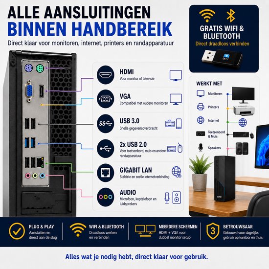 Desktop Computer Intel Core i3 | 8GB RAM | 512GB SSD | Windows 11 Pro | Office PC | Werkcomputer | Zakelijke Computer | Thuiswerk PC | Studie Computer | Kantoor PC | Plug & Play | Direct Klaar voor Gebruik | WiFi | 3 Jaar Garantie