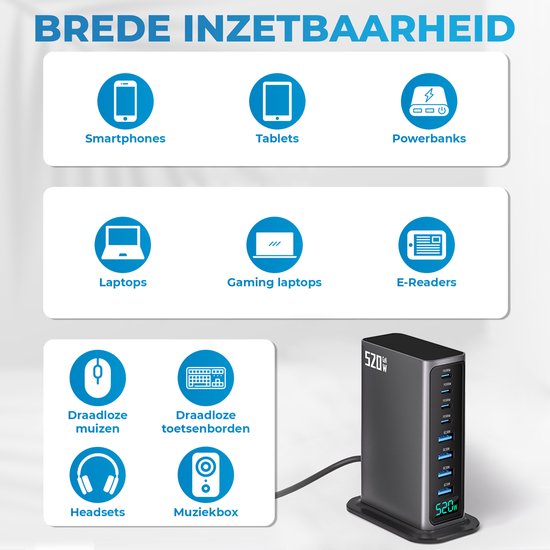 520W 8-poorts USB-oplaadtoren - Laadstation - Snellader 100W - Oplader - 4x USB-C PD Fast Charge 100W - 4x USB-A Quick Charge 30W - GaN Technologie - Inclusief USB-C 100W oplaadkabel - Zwart