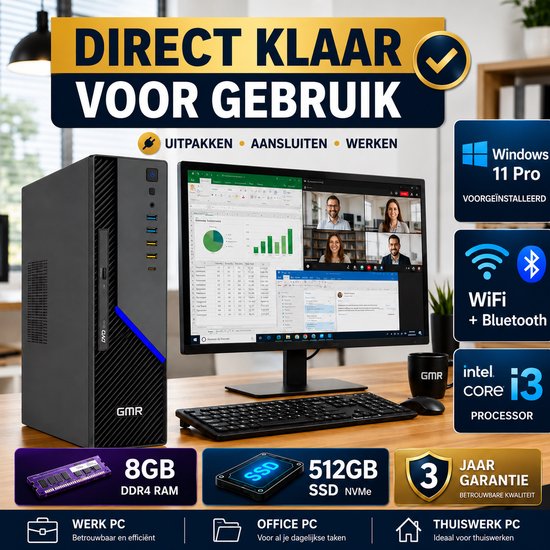 Desktop Computer Intel Core i3 | 8GB RAM | 512GB SSD | Windows 11 Pro | Office PC | Werkcomputer | Zakelijke Computer | Thuiswerk PC | Studie Computer | Kantoor PC | Plug & Play | Direct Klaar voor Gebruik | WiFi | 3 Jaar Garantie
