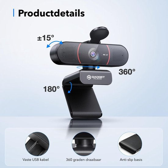 4K Ultra HD Pro Webcam met Ruisvrije Microfoon - Incl. Webcam Cover en USB Adapter - Voor Laptop en PC - Windows en Mac