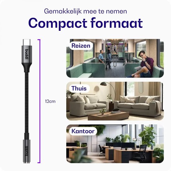 Buddi Ease | 3.5mm Headset Jack naar USB-C Adapter | USB - C naar Aux | Aux Audio Kabel | DAC Chip | Verloopstuk Koptelefoon en Oortjes | Koppelstuk | Tussenstuk | Converter | 16Bit/48kHz | Zwart