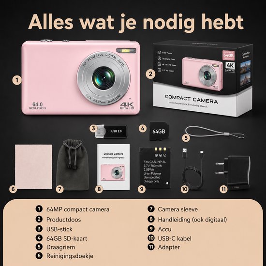 K&L Digitale Camera - 4K Ultra HD & 64MP - 64GB - Fotocamera - Inc. Selfiecamera - Vlog Camera voor Kinderen en Volwassenen - Compact Camera - Foto & Video - Dual Lens - 16x Zoom