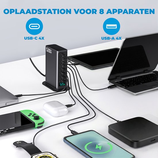 520W 8-poorts USB-oplaadtoren - Laadstation - Snellader 100W - Oplader - 4x USB-C PD Fast Charge 100W - 4x USB-A Quick Charge 30W - GaN Technologie - Inclusief USB-C 100W oplaadkabel - Zwart