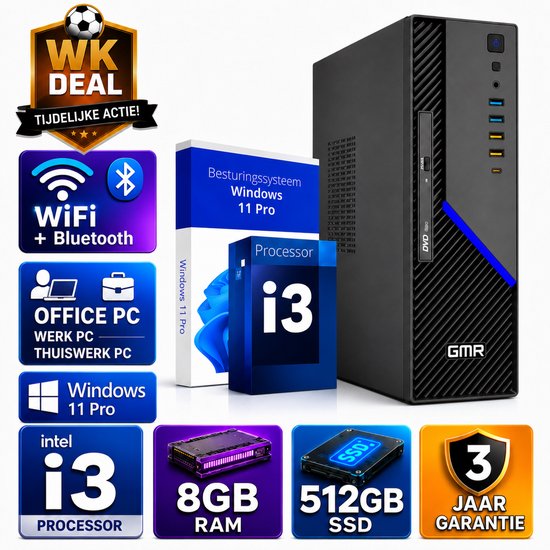 Desktop Computer Intel Core i3 | 8GB RAM | 512GB SSD | Windows 11 Pro | Office PC | Werkcomputer | Zakelijke Computer | Thuiswerk PC | Studie Computer | Kantoor PC | Plug & Play | Direct Klaar voor Gebruik | WiFi | 3 Jaar Garantie