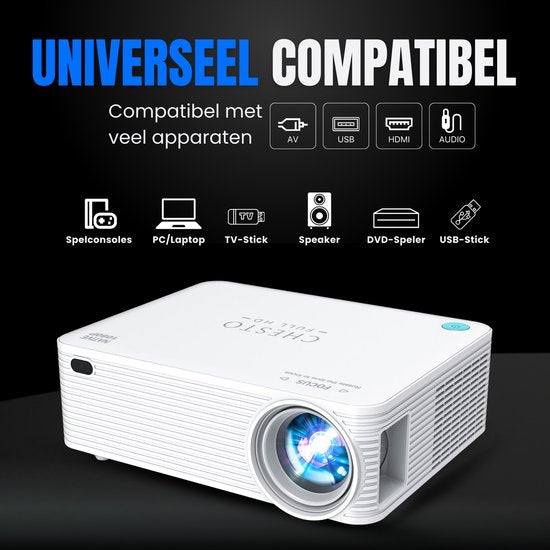 Chesto Beamer FULL HD (4K-Ondersteuning) - 12.000 lumen - Streamen vanaf je telefoon met wifi - Inclusief draagtas