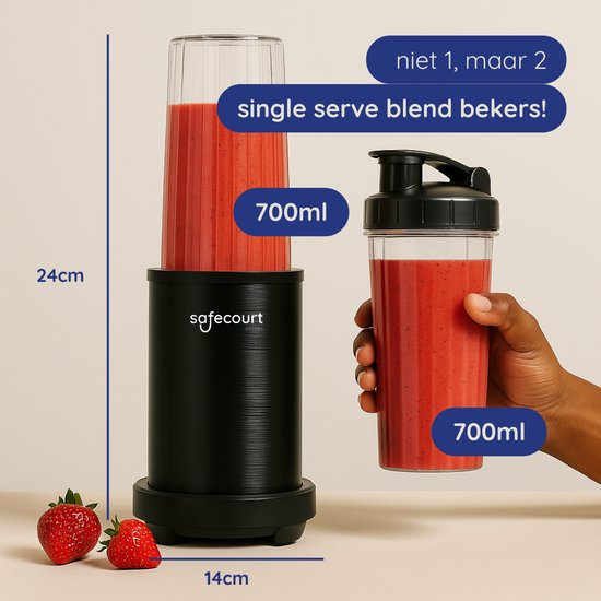 Safecourt Kitchen Power Blender – 1000W – Smoothie Maker voor IJs & Bevroren Fruit – BPA-vrij – To-Go Beker – Zwart