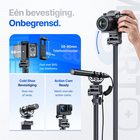 Studio ME Telefoon Statief - 170 cm - Tripod Smartphone - Zwart - Camera Statief - Telefoonhouder - Incl. Bluetooth Afstandsbediening - Tripod Iphone - Statief Telefoon