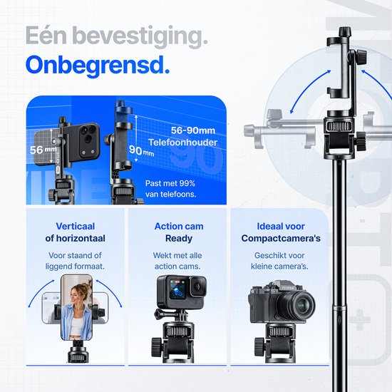 Studio ME Telefoon Statief - 180 cm - Selfiestick Tripod - Action Camera Statief - Incl. Bluetooth Afstandsbediening - Tripod Smartphone