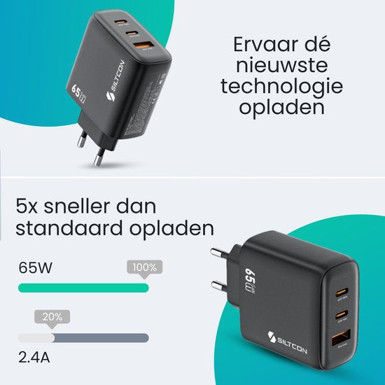 Siltcon® 3-in-1 Snellader USB C 65W - USB C Adapter - Oplader USB C - 2x USB-C PD 65W - 1x USB-A PD 22.5W - GaN - Universeel o.a. Telefoons, Laptops - 2 Meter 65W USB-C Snellaadkabel