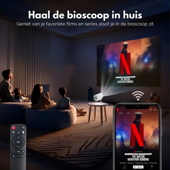 Lumora® Pro Mini Beamer 2026 – Alles-in-één Smart TV Projector – 4K Ultra HD – Android 13 – WiFi 6 & Bluetooth 5.4 – Voor iOS & Android – Inclusief in hoogte verstelbare standaard – Wit
