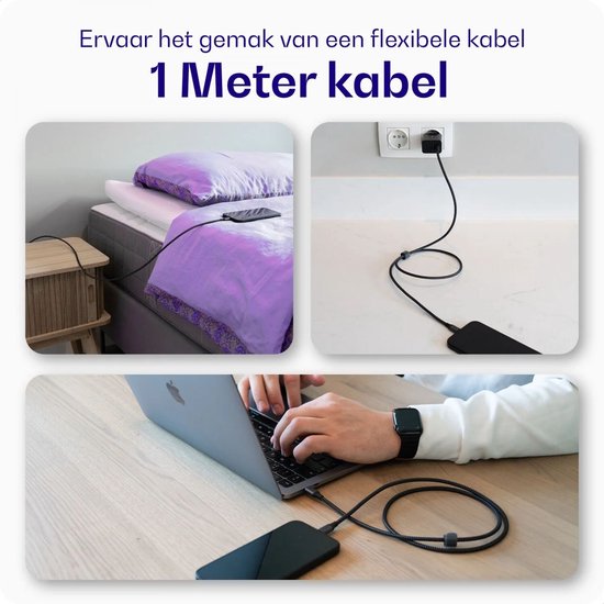 Buddi Flex - USB-C naar USB-C Kabel - 60W Fast Charge 20V/3A - Power Delivery - 480Mbps Dataoverdracht - Gevlochten Nylon - 1M - Zwart