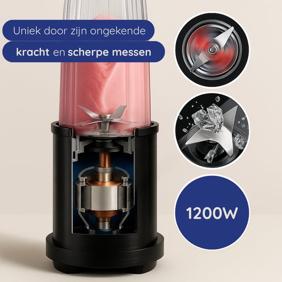 Safecourt Kitchen Power Blender – 1000W – Smoothie Maker voor IJs & Bevroren Fruit – BPA-vrij – To-Go Beker – Zwart