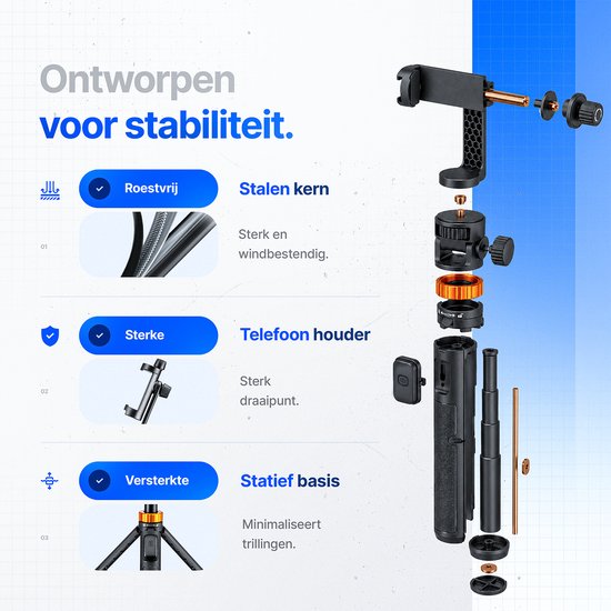 Studio ME Telefoon Statief - 180 cm - Selfiestick Tripod - Action Camera Statief - Incl. Bluetooth Afstandsbediening - Tripod Smartphone