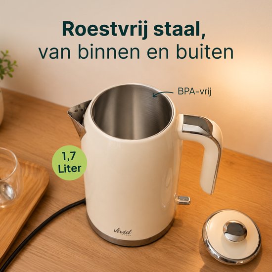 Vivid Green Luxe Waterkoker 1.7L - Retro Design - 2200W - BPA-vrij - 360° - RVS - Creme