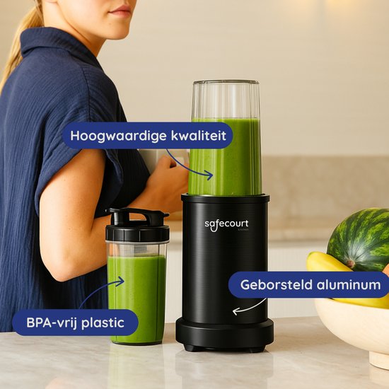 Safecourt Kitchen Power Blender – 1000W – Smoothie Maker voor IJs & Bevroren Fruit – BPA-vrij – To-Go Beker – Zwart