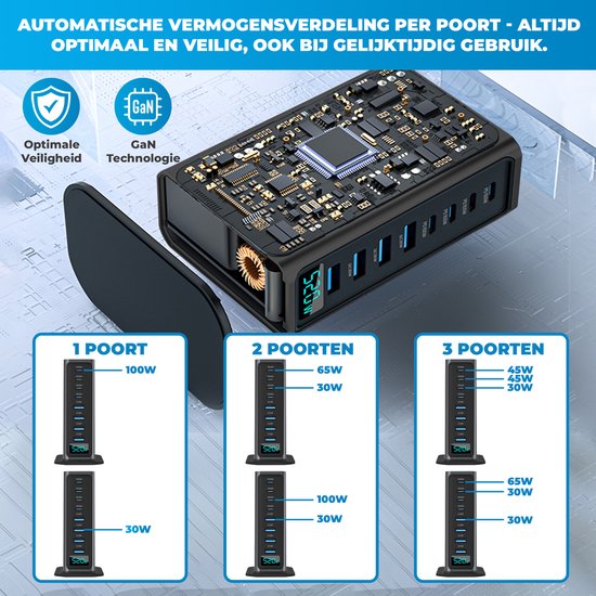 520W 8-poorts USB-oplaadtoren - Laadstation - Snellader 100W - Oplader - 4x USB-C PD Fast Charge 100W - 4x USB-A Quick Charge 30W - GaN Technologie - Inclusief USB-C 100W oplaadkabel - Zwart