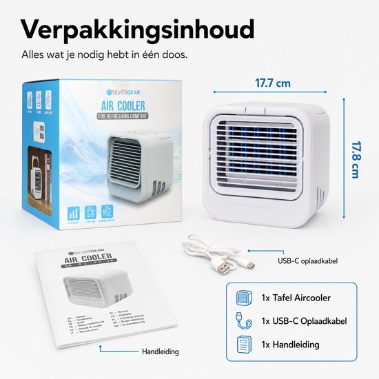 Mini Aircooler met Water USB-C - LED Licht - Tafelventilator - Luchtkoeler - Mobiele Airco - Bureau Ventilator - Silvergear