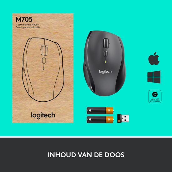 Logitech M705 - Draadloze Marathon Muis - USB - Rechtshandig - Grijs