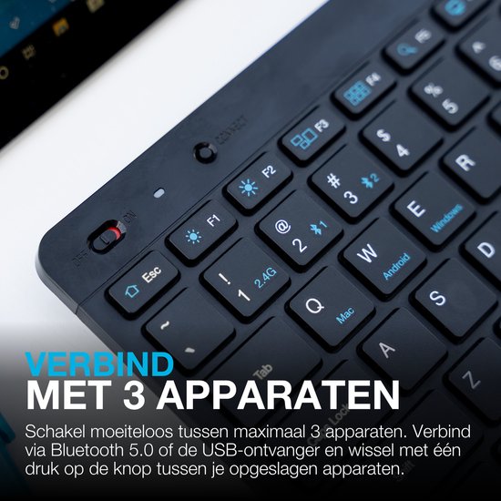 JLab GO Draadloos Toetsenbord - Bluetooth of USB dongle verbinding - 3 Devices - Stille toetsen - Compact design - Volumeknop - Qwerty