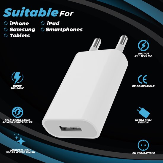 YSONIC Oplader - Universele Lader - USB A Poort Adapter - Type A Stekker - Geschikt voor Smartphones - Wit