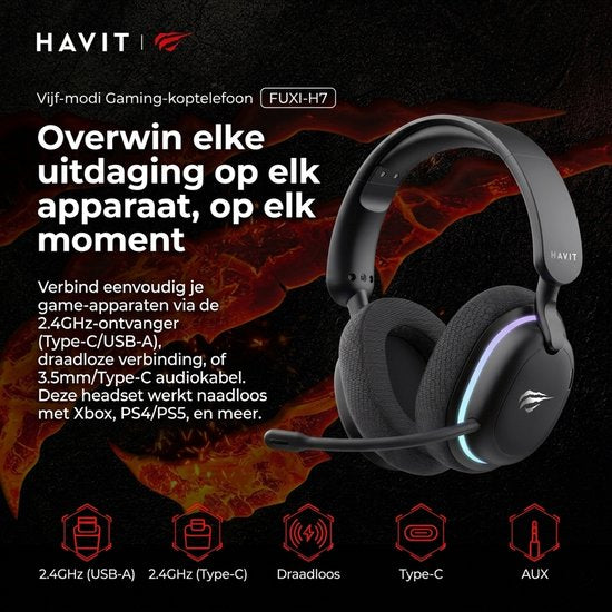 Gaming Headset Draadloos met Microfoon – PC PS5 Xbox Switch – Bluetooth – Havit