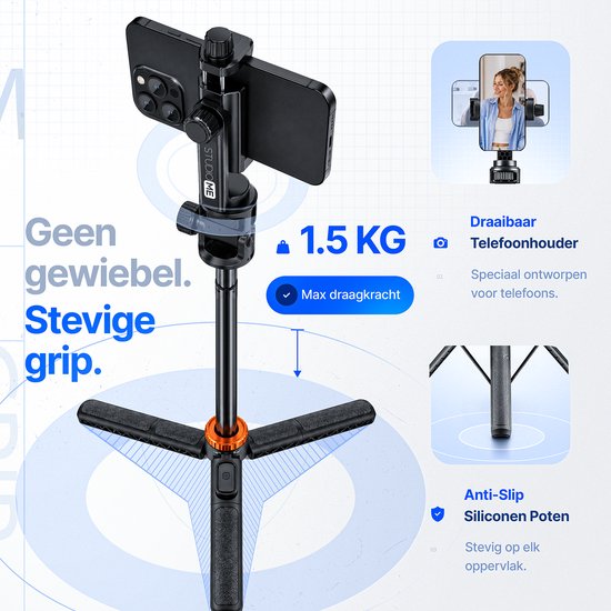Studio ME Telefoon Statief - 180 cm - Selfiestick Tripod - Action Camera Statief - Incl. Bluetooth Afstandsbediening - Tripod Smartphone