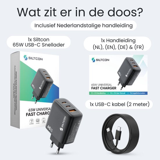 Siltcon® 3-in-1 Snellader USB C 65W - USB C Adapter - Oplader USB C - 2x USB-C PD 65W - 1x USB-A PD 22.5W - GaN - Universeel o.a. Telefoons, Laptops - 2 Meter 65W USB-C Snellaadkabel
