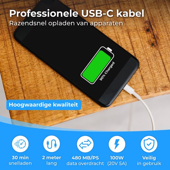 Nuvance Usb C Kabel - 100W - Usb C naar Usb C - 2 Meter - Usb-C Kabels - Snellader - 480Mb/ps Data - Usb C Oplader - Wit