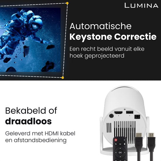 Lumina® Pro Mini Beamer 2026 – Android 14 Smart Projector met Google Playstore – Thuisbioscoop – Voor iOS & Android – WiFi 6 & Bluetooth 5.4 – Wit
