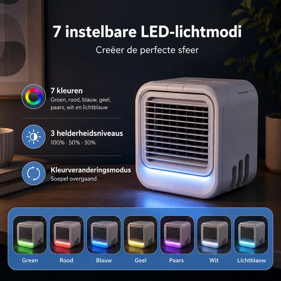 Mini Aircooler met Water USB-C - LED Licht - Tafelventilator - Luchtkoeler - Mobiele Airco - Bureau Ventilator - Silvergear