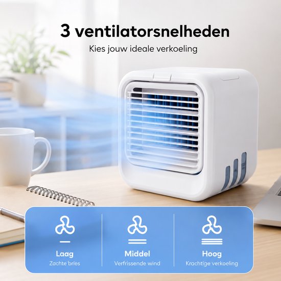 Mini Aircooler met Water USB-C - LED Licht - Tafelventilator - Luchtkoeler - Mobiele Airco - Bureau Ventilator - Silvergear
