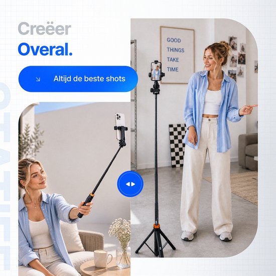 Studio ME Telefoon Statief - 180 cm - Selfiestick Tripod - Action Camera Statief - Incl. Bluetooth Afstandsbediening - Tripod Smartphone