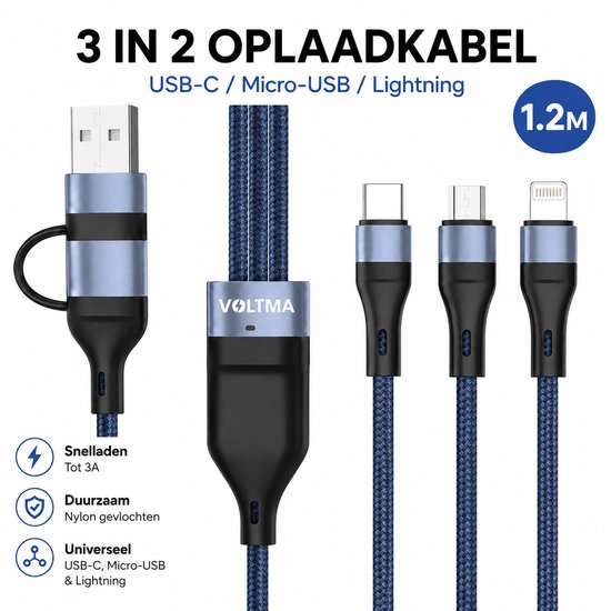 Voltma 40W 3-in-2 multi-oplaadkabel - 1,2 m gevlochten snelle 3 in 2 multi oplaadkabel - 2 ingangen (USB type A en C) 3 uitgangen met Lightning / MicroUSB / USB-C kabel - USB C Datakabel - Geschikt voor Apple Carplay, Samsung, Android Auto - Blauw