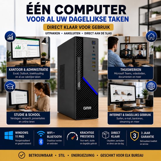 Desktop Computer Intel Core i3 | 8GB RAM | 512GB SSD | Windows 11 Pro | Office PC | Werkcomputer | Zakelijke Computer | Thuiswerk PC | Studie Computer | Kantoor PC | Plug & Play | Direct Klaar voor Gebruik | WiFi | 3 Jaar Garantie