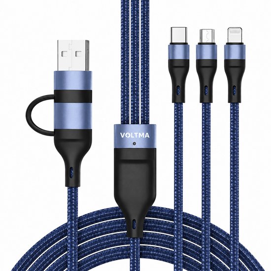 Voltma 40W 3-in-2 multi-oplaadkabel - 1,2 m gevlochten snelle 3 in 2 multi oplaadkabel - 2 ingangen (USB type A en C) 3 uitgangen met Lightning / MicroUSB / USB-C kabel - USB C Datakabel - Geschikt voor Apple Carplay, Samsung, Android Auto - Blauw