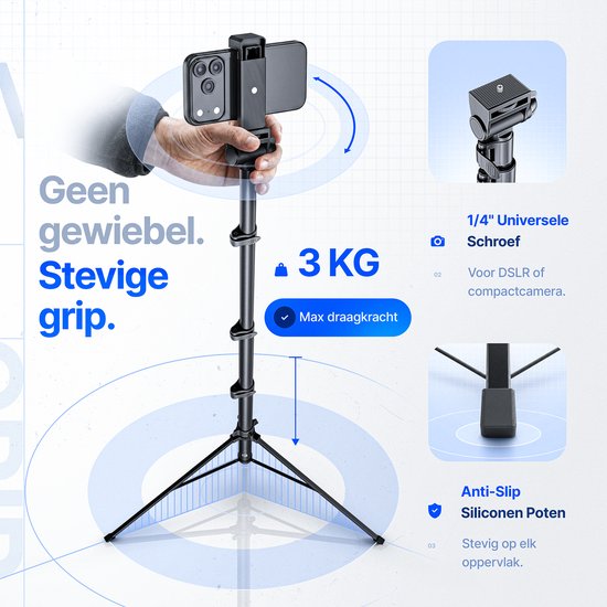 Studio ME Telefoon Statief - 170 cm - Tripod Smartphone - Zwart - Camera Statief - Telefoonhouder - Incl. Bluetooth Afstandsbediening - Tripod Iphone - Statief Telefoon