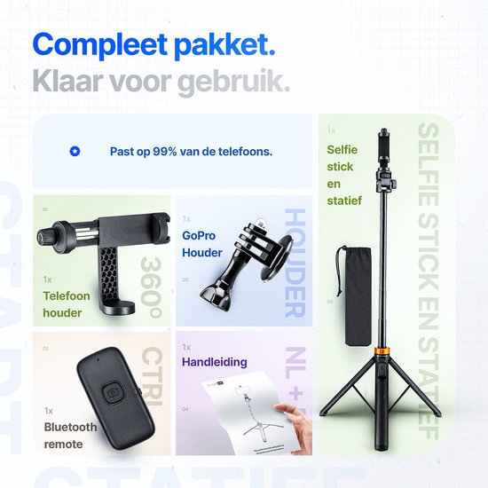 Studio ME Telefoon Statief - 180 cm - Selfiestick Tripod - Action Camera Statief - Incl. Bluetooth Afstandsbediening - Tripod Smartphone
