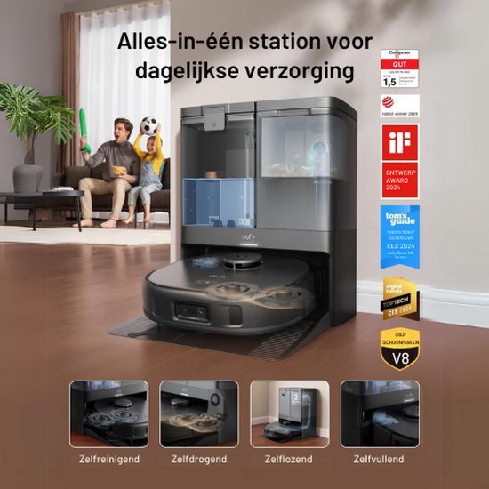 eufy X10 Pro Omni Robot Stofzuiger en Mop - 8.000 Pa zuigkracht - Dubbele dweilpads met 12 mm auto-lift en tapijtdetectie - Herkent 100+ objecten voor obstakelvermijding - Alles-in-één station voor dagelijks onderhoud