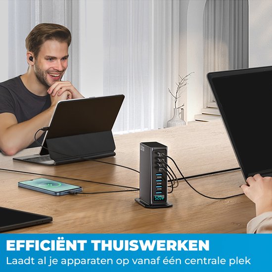 520W 8-poorts USB-oplaadtoren - Laadstation - Snellader 100W - Oplader - 4x USB-C PD Fast Charge 100W - 4x USB-A Quick Charge 30W - GaN Technologie - Inclusief USB-C 100W oplaadkabel - Zwart