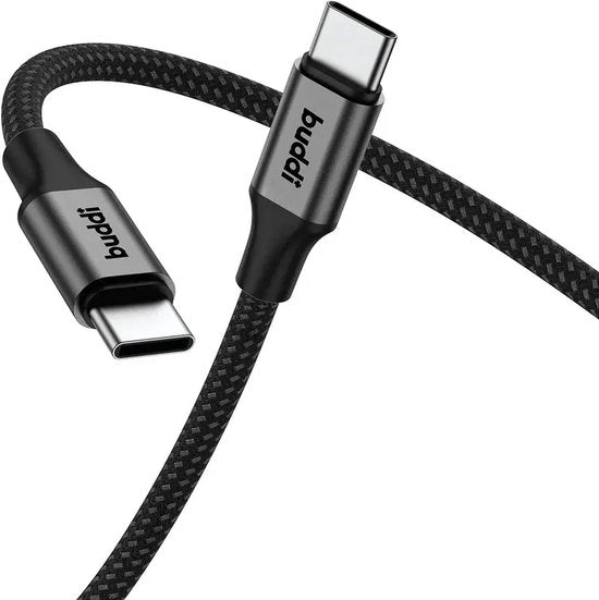 Buddi Flex - USB-C naar USB-C Kabel 60W Fast Charge 20V/3A - Power Delivery - 480Mbps Dataoverdracht - Gevlochten Nylon - 2M Zwart