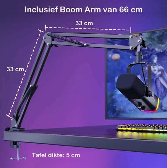 FIFINE - AM8T - USB / XLR Studio microfoon - PC-Gaming Met Flexibele Arm ( 66cm! ) - Geschikt voor PC/PS4/PS5 - RGB - Podcast - Gaming - Streaming - Zwart