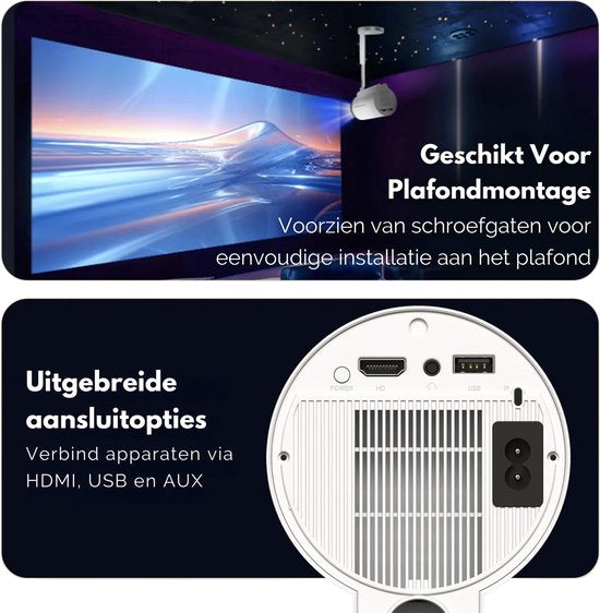Lumora® Pro Mini Beamer 2026 – Alles-in-één Smart TV Projector – 4K Ultra HD – Android 13 – WiFi 6 & Bluetooth 5.4 – Voor iOS & Android – Inclusief in hoogte verstelbare standaard – Wit