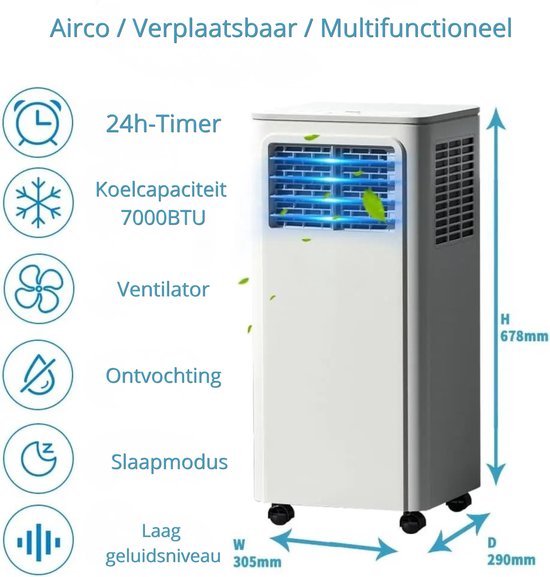 UFTA Mobiele Airconditioner - Draagbare Luchtkoeler - Aircooler - 3-in-1 Ventilatoren - 2,05 kW - 7000 BTU - (18 ㎡ ) - Wit