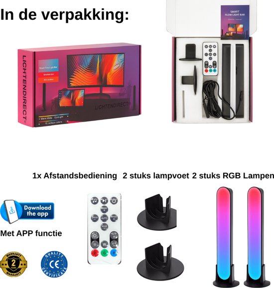 Lichtendirect - Smart Light Bar – RGB LED -Tafellamp- sfeerlamp – 2 stuks - TV verlichting – App & afstandsbediening – USB- Bureaulamp
