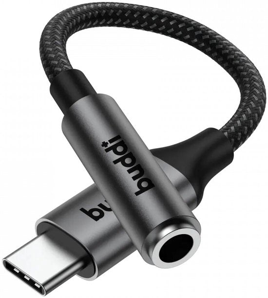 Buddi Ease | 3.5mm Headset Jack naar USB-C Adapter | USB - C naar Aux | Aux Audio Kabel | DAC Chip | Verloopstuk Koptelefoon en Oortjes | Koppelstuk | Tussenstuk | Converter | 16Bit/48kHz | Zwart